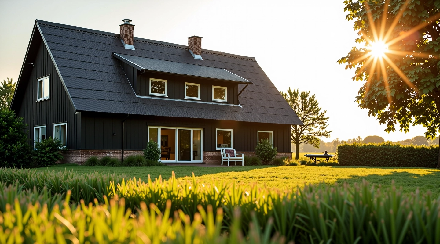 Boerderij in landelijk gebied met groene weiden en traditionele architectuur, zonlicht op de voorgevel, typisch Nederlands platteland