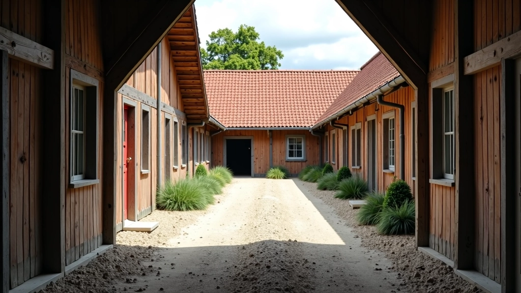 Binnenplaats van een boerderij met traditionele schuren en landelijke architectuur, grind oprit